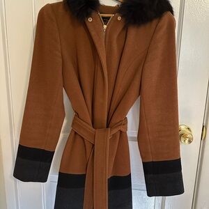 Ellen Tracy Brown and Black Trench Coat with Fur Collar
